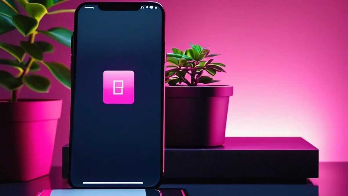 Celular en una base con un icono rosa en pantalla junto a plantas y luz rosa