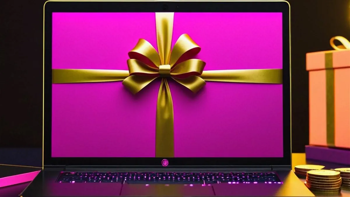 Laptop con la pantalla rosa envuelta con un moño dorado junto a regalos y monedas