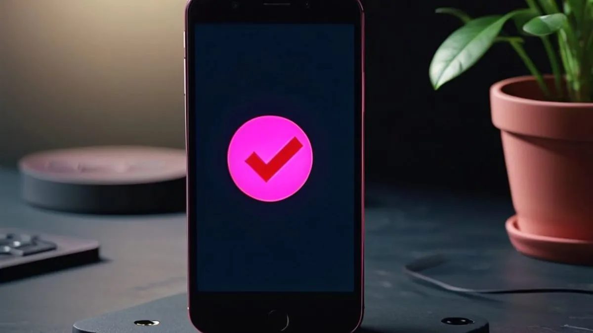Celular en una base con una marca de verificación rosa en pantalla junto a una planta
