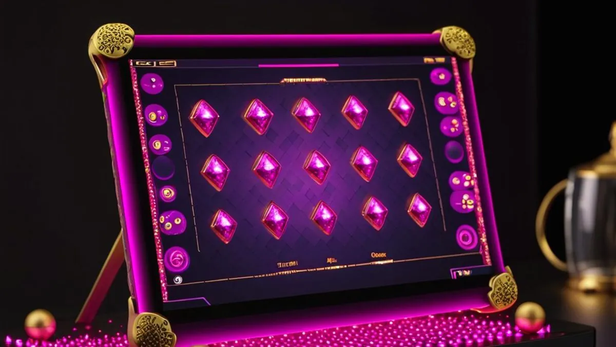 Tablet con una tragamonedas de gemas rosas en un marco con luces rosas