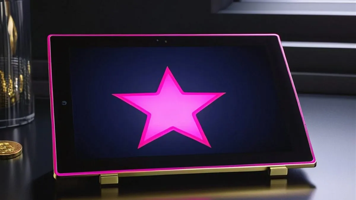 Tablet sobre un escritorio oscuro con una estrella rosa luminosa en la pantalla