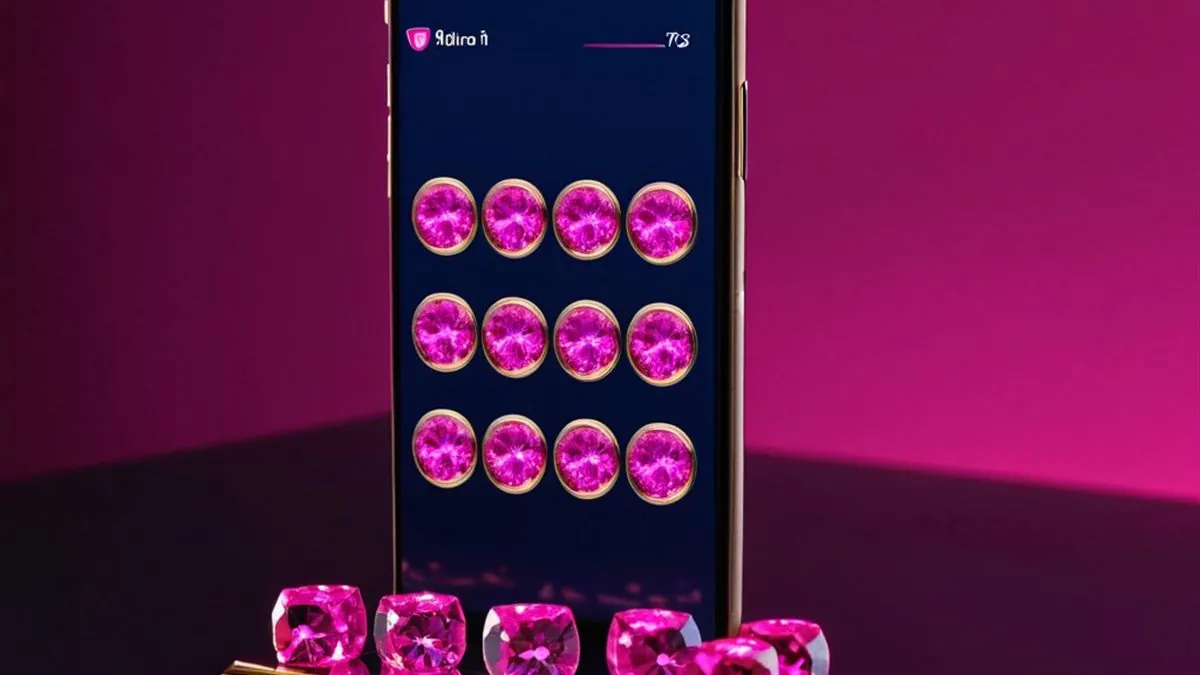Celular en una base dorada con una cuadrícula de gemas rosas y gemas sobre la base